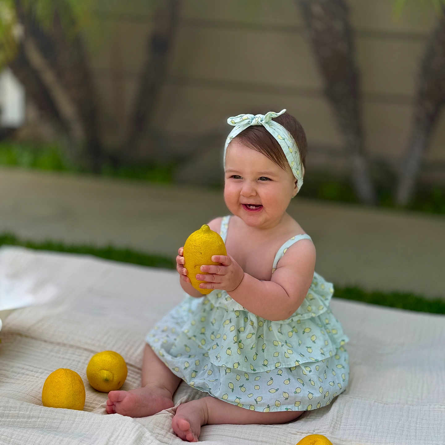 Sophia is registered to the contest to win money with this photo: baby, blanket, child, cute, dress, fruit, garden, grass, happy, headband, infant, lemon, nature, outdoor, person, playful, portrait, sitting, smile, summer