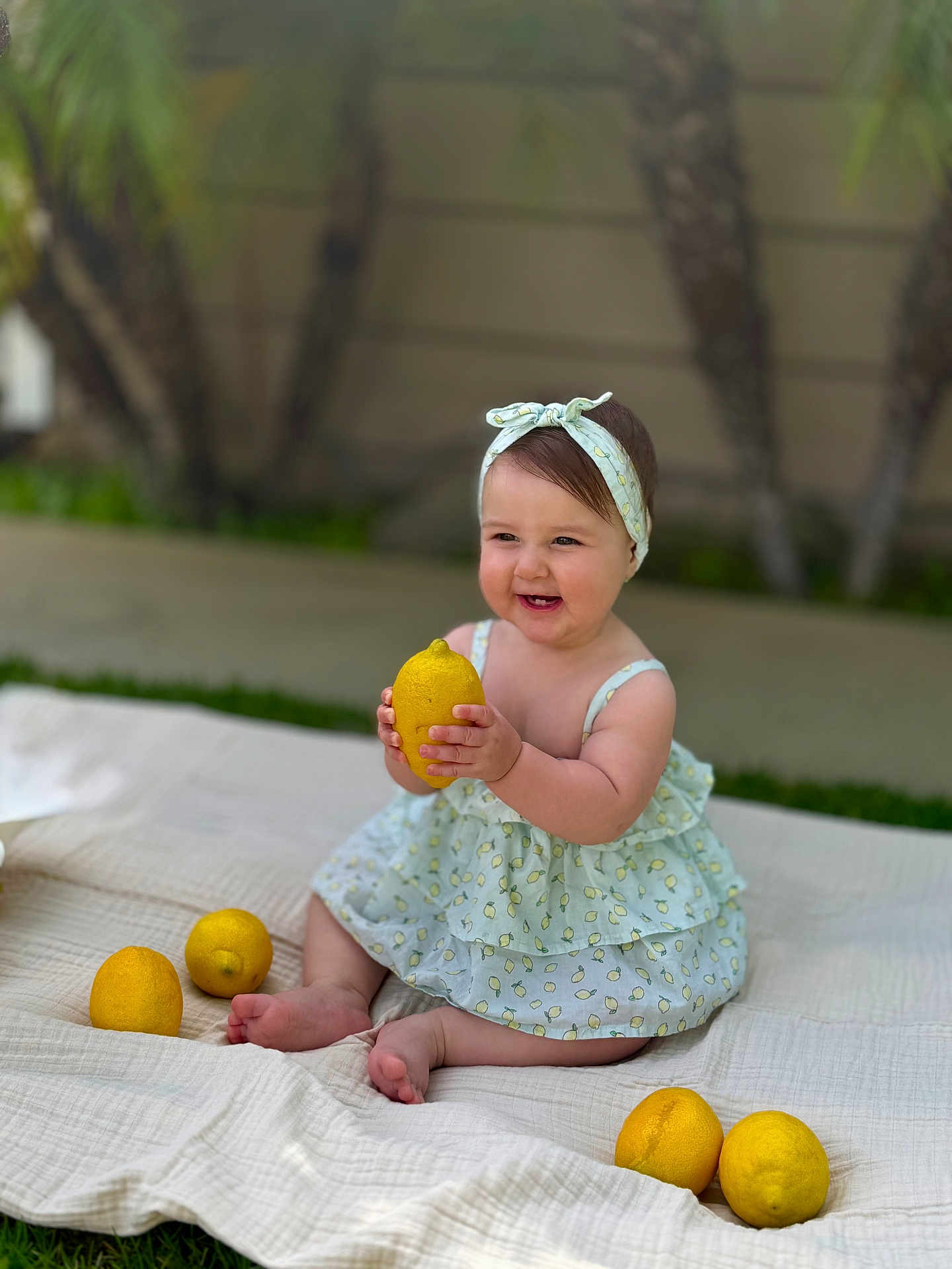Sophia is registered to the contest to win money with this photo: baby, child, lemon, fruit, dress, headband, blanket, outdoor, grass, smile, happy, sitting, cute, playful, summer, garden, nature, person, infant, portrait