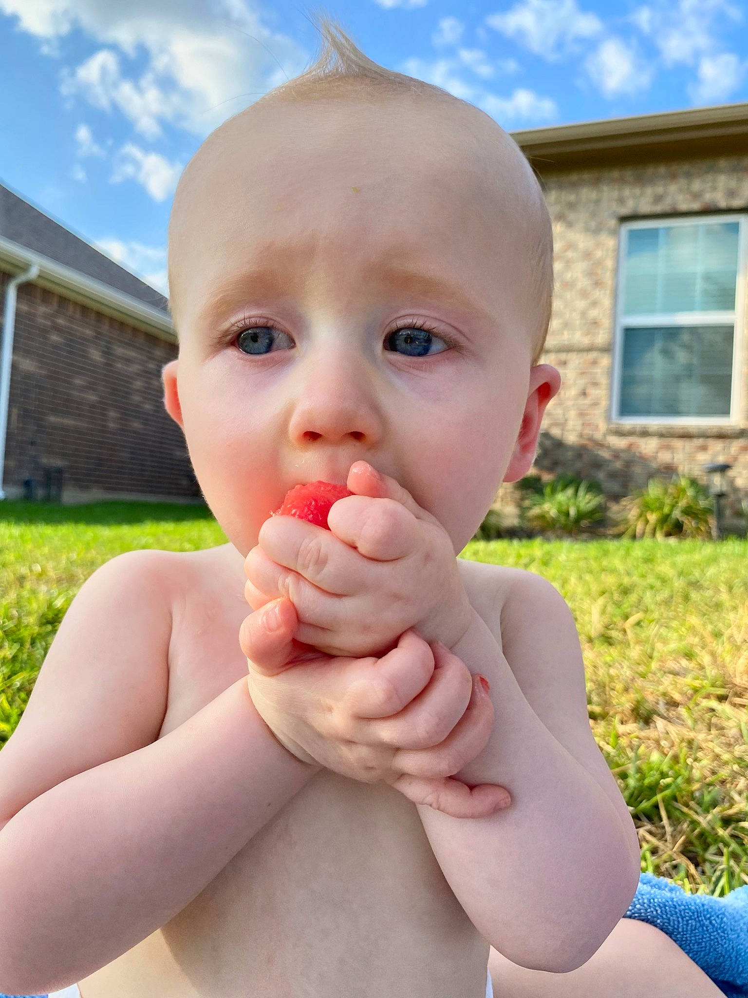 Gatlin is registered to the contest to win money with this photo: baby, blue, cheek, cloud, face, finger, gesture, grass, hand, happy, human_body, leg, lip, nose, person, plant, skin, sky, thumb, toddler