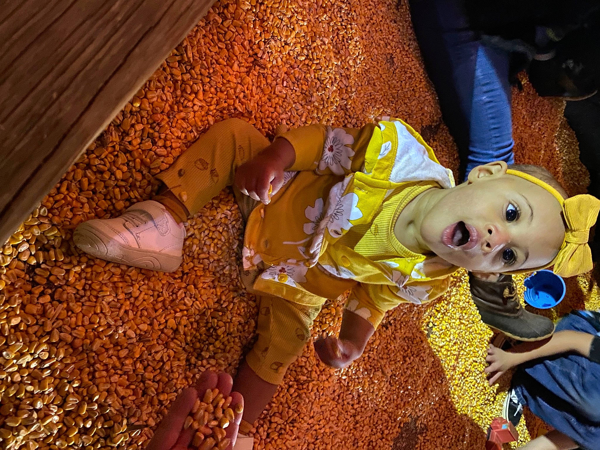 Harmony is registered to the contest to win money with this photo: baby, baby_toddler_clothing, child, event, flooring, foot, fun, happy, hat, human_leg, leisure, pattern, person, room, sitting, smile, surprise, thigh, toddler, tree