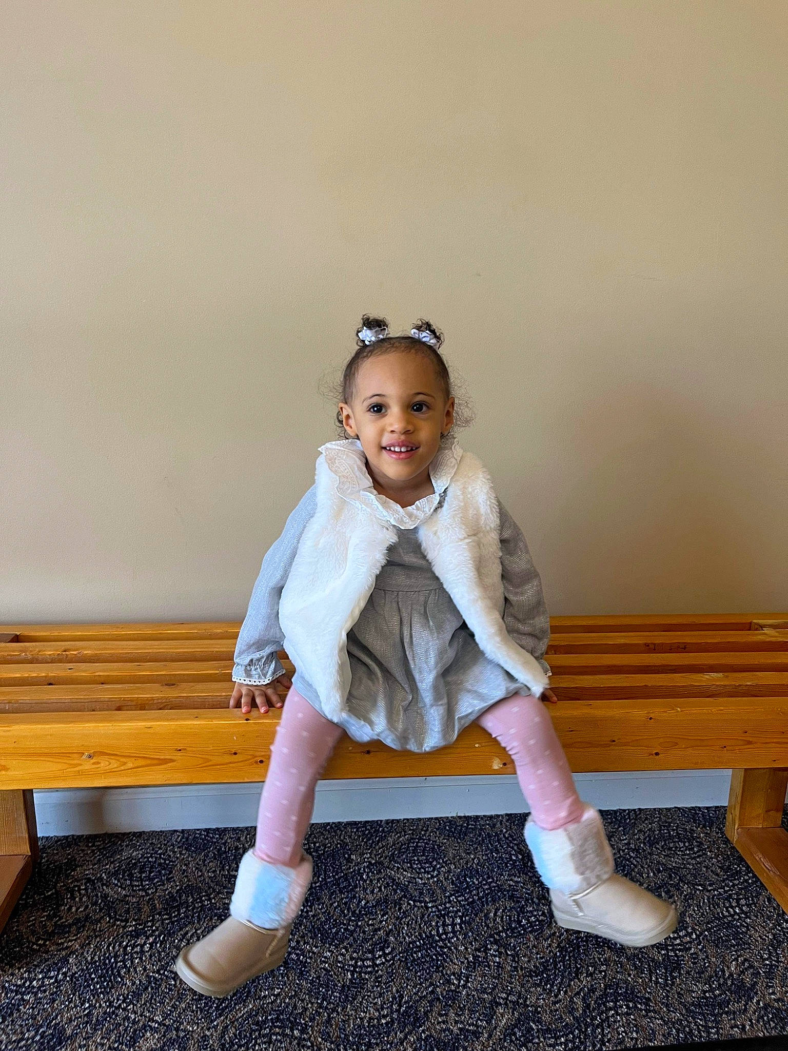 Harmony is registered to the contest to win money with this photo: bench, child, fashion_design, flash_photography, flooring, foot, formal_wear, fur, happy, hardwood, human_leg, joy, knee, leg, leisure, outdoor_bench, person, sitting, sleeve, smile