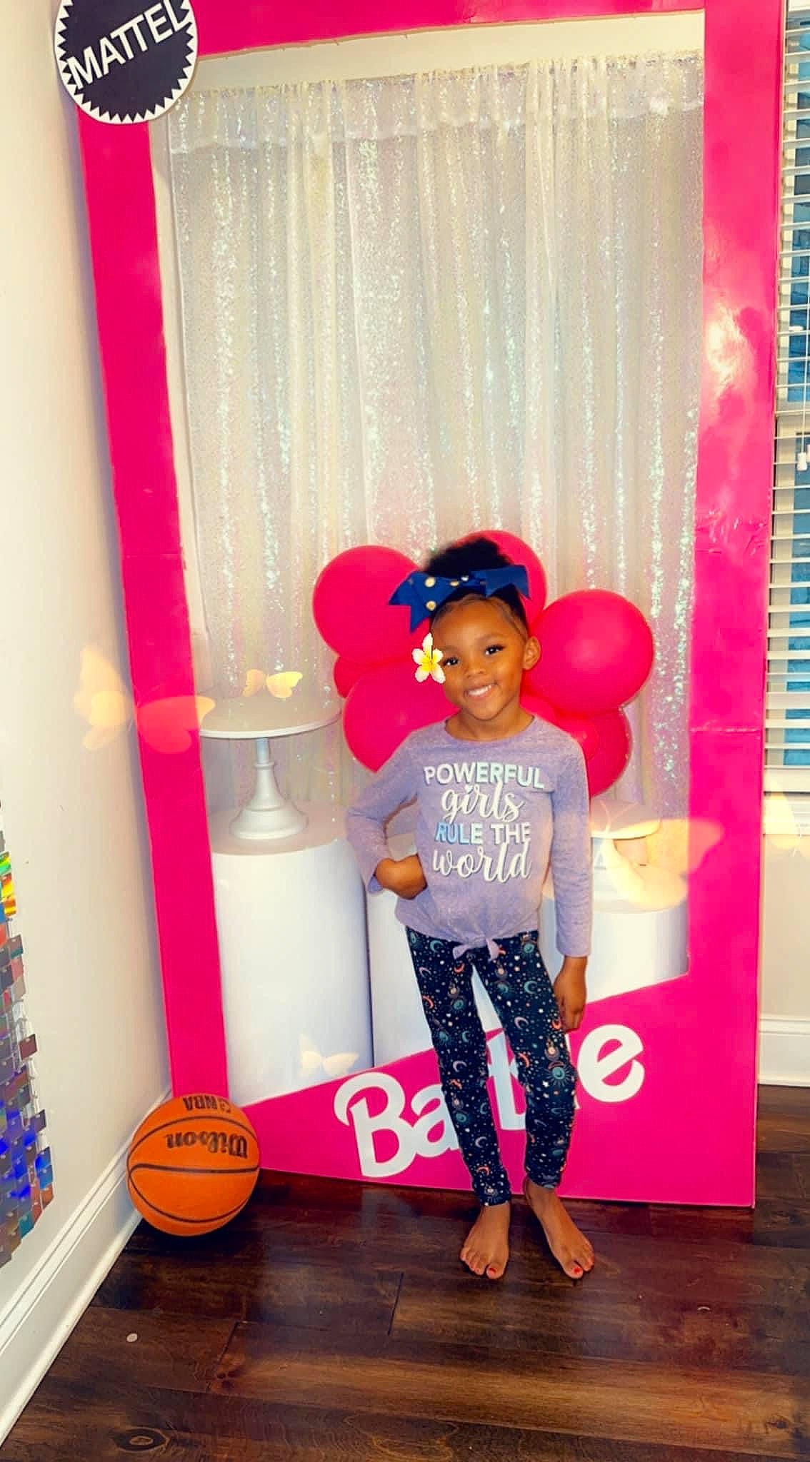 Teghan is registered to the contest to win money with this photo: ball, balloon, child, curtain, electric_blue, event, flooring, fun, happy, hat, joy, magenta, orange, party_supply, person, pink, purple, red, sandal, smile