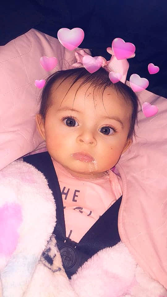 Kiera joined the competition — help win amazing prizes! baby, beauty, cheek, child, ear, eye, face, hair_accessory, head, iris, lip, nose, person, pink, product, skin, smile, toddler