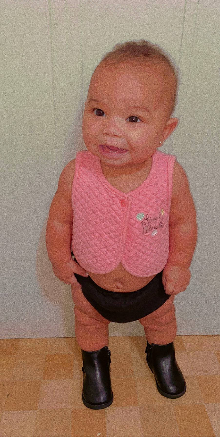 Ava Grace is registered to the contest to win money with this photo: baby, baby_toddler_clothing, cheek, child, child_model, face, footwear, head, knee, leg, lip, neck, outerwear, person, pink, skin, sleeve, standing, thigh, toddler