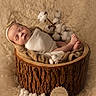Jeanne a rejoint le concours — aidez-le/la à gagner de superbes lots ! newborn, baby, sleeping, wooden_bowl, cotton, fluffy, soft_texture, beige, swaddled, headband, peaceful, portrait, infant, natural, rustic, cozy, sleep, cushion, blanket, studio