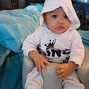 Octavious joined the competition — help win amazing prizes! baby, hoodie, white_clothing, baby_seat, indoor, curious_expression, wide_eyes, hand_grip, blue_shoes, bedspread, laundry_basket, seated, child, infant, casual_clothing, portrait, person, young_child, crown_graphic, comfortable
