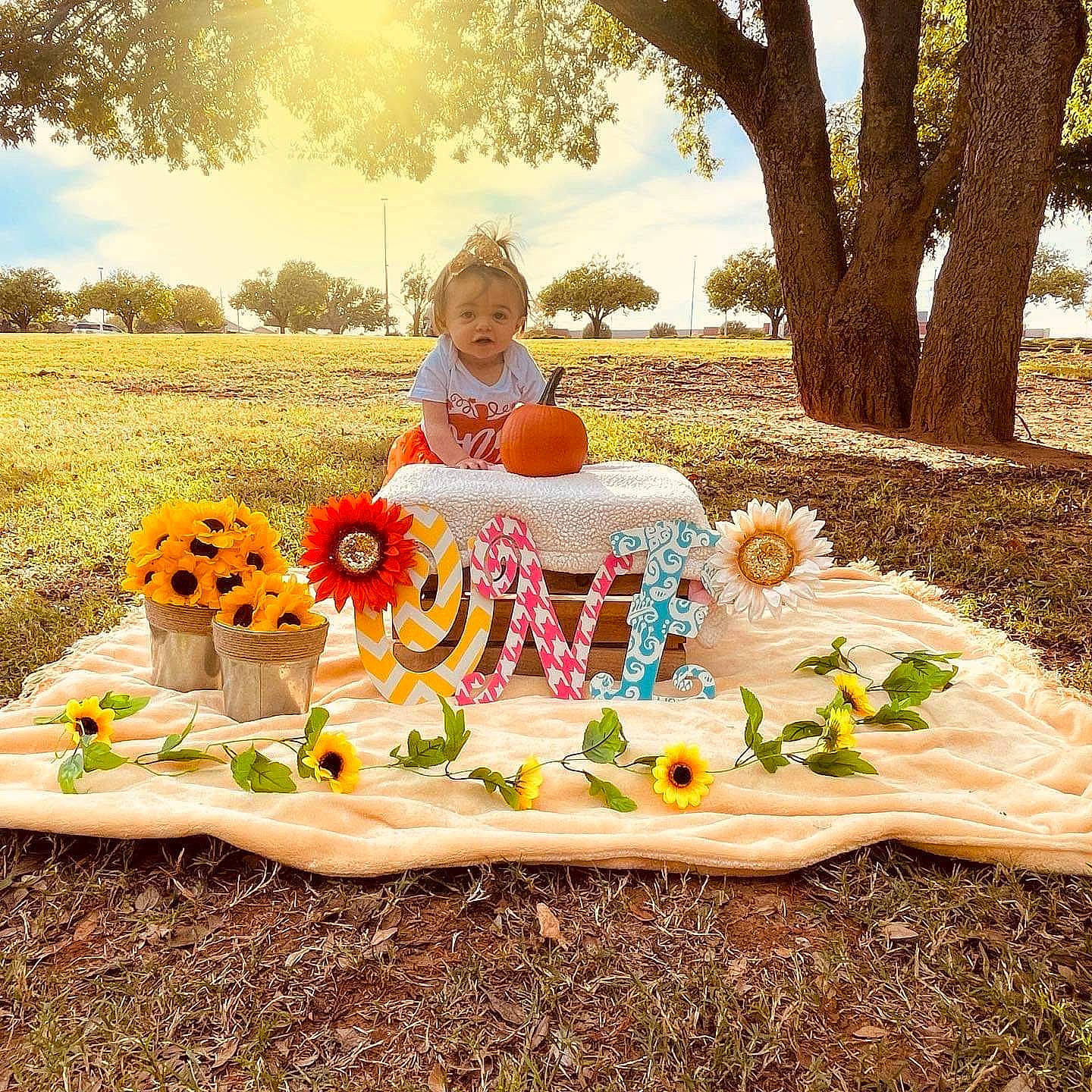 Alyssa is registered to the contest to win money with this photo: chair, cloud, dress, flower, flower_arranging, grass, happy, leisure, nature, orange, outdoor_furniture, people_in_nature, person, petal, plant, recreation, smile, table, toddler, tree