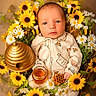 newborn, baby, sunflower, daisy, flower_wreath, honey, bee, honeycomb, onesie, infant, portrait, cute, nature, props, yellow, white, greenery, soft_lighting, baby_clothing, still_life