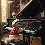 Oliver is registered to the contest to win money with this photo: black_piano, bookshelf, cozy, curtains, cute, dog, flower_vase, furniture, indoor, lamp, living_room, music, musical_notes, pet, piano, piano_bench, portrait, service_dog_vest, window, wooden_floor