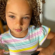 Jasmine Keira participe au concours pour gagner de l'argent avec cette photo : child, curly_hair, hazel_eyes, striped_shirt, indoor, handlebar, close_up, portrait, person, young, casual_clothing, focus, blurry_background, hand, skin, expression, cute, curly, toddler, colorful