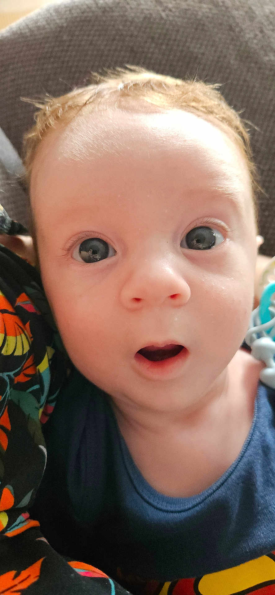 Axel participe au concours pour gagner de l'argent avec cette photo : baby, child, face, wide_eyes, expression, curiosity, blue_outfit, close_up, skin, hair, toy, colorful, pattern, infant, person, portrait, indoors, candid, cute, young