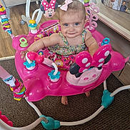 Diana joined the competition — help win amazing prizes! baby, child, girl, pink, bow, face, smiling, baby_jumper, toy, minnie_mouse, floor, carpet, crib, family_photos, room, clothing, happy, indoor, person, playtime