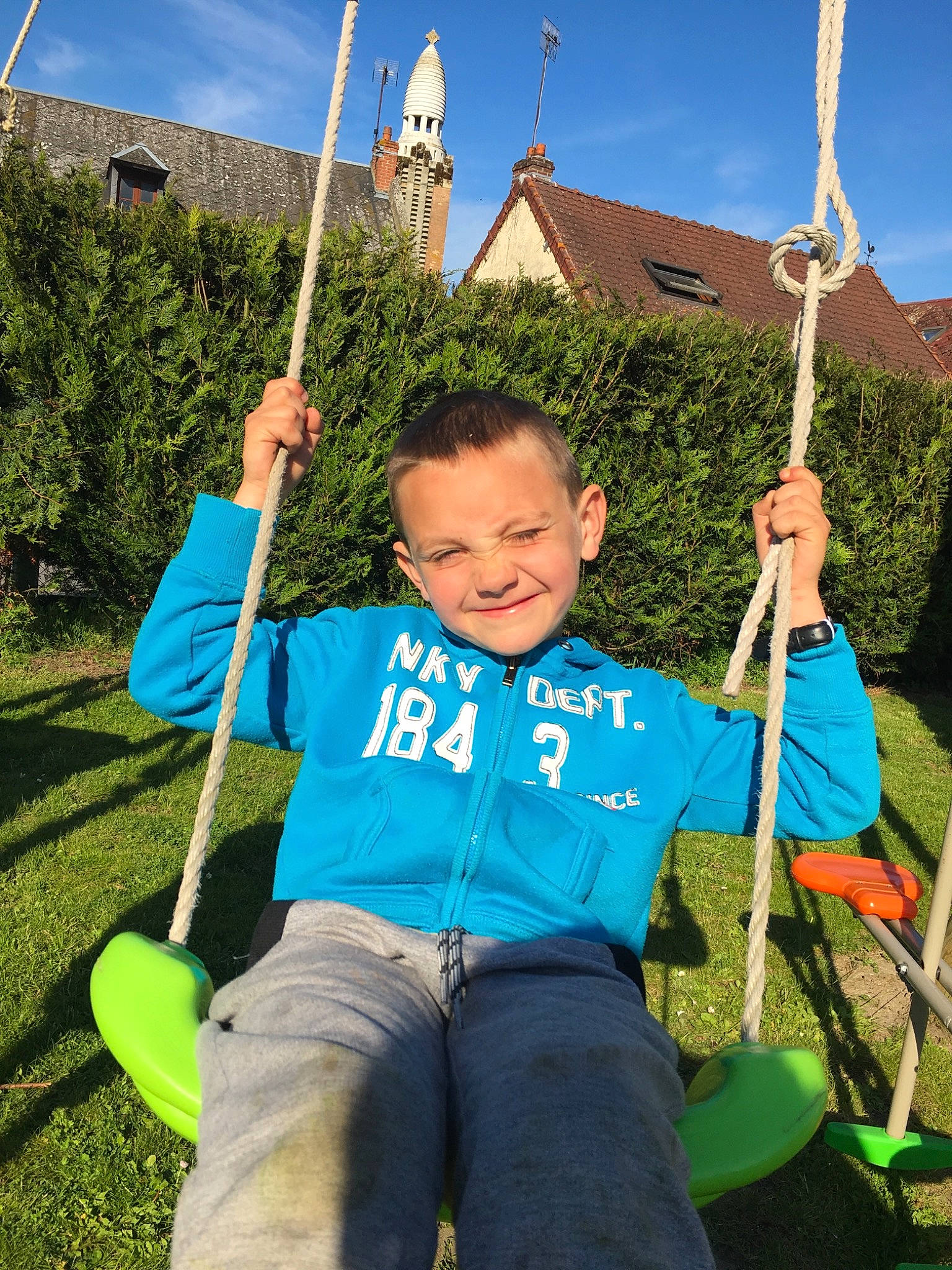 Theo participe au concours pour gagner de l'argent avec cette photo : child, fun, grass, joy, leisure, outdoor_play_equipment, person, plant, play, playground, public_space, recreation, smile, swing, toddler, tree, vacation
