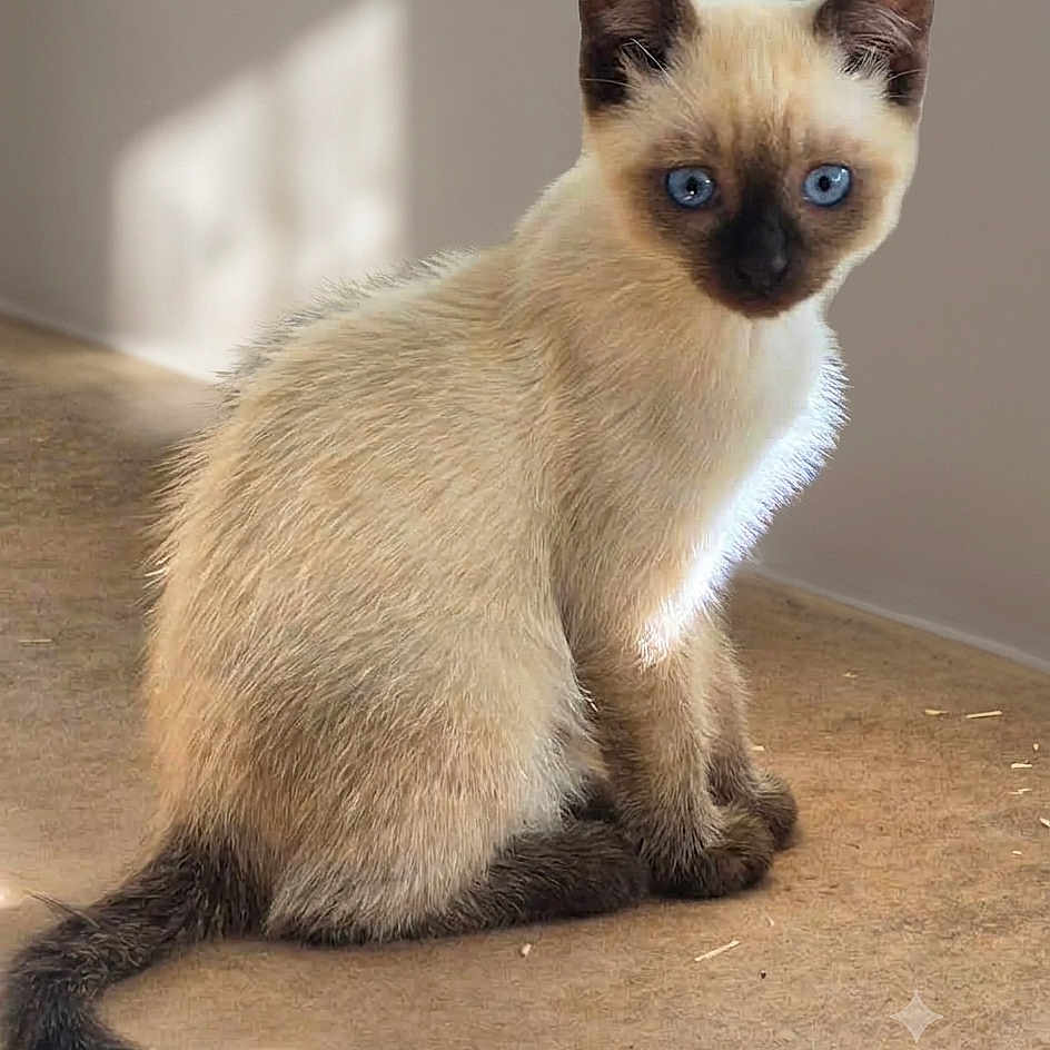 Blue participe au concours pour gagner de l'argent avec cette photo : cat, kitten, siamese_cat, blue_eyes, animal, pet, sitting, portrait, short_hair, cream_fur, dark_points, dark_ears, dark_face, dark_paws, long_tail, indoor, floor, sunlight, cute, alert