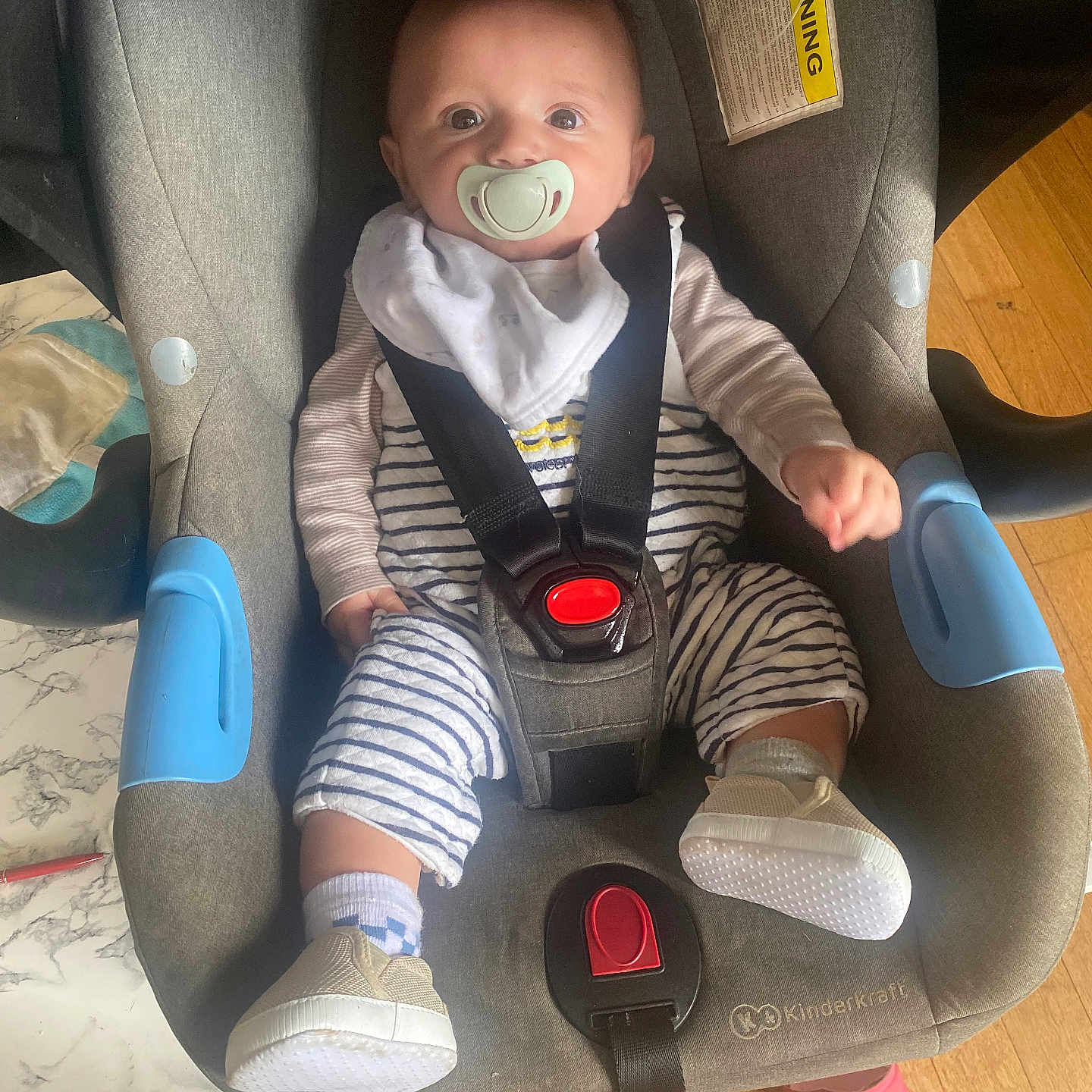 Hermanzo a rejoint le concours — aidez-le/la à gagner de superbes lots ! baby, blue, car_seat, child, curious, floor, footwear, gray, home, indoor, infant, pacifier, person, pink_sandal, safety_harness, seated, shoes, socks, striped_clothing, wooden_floor