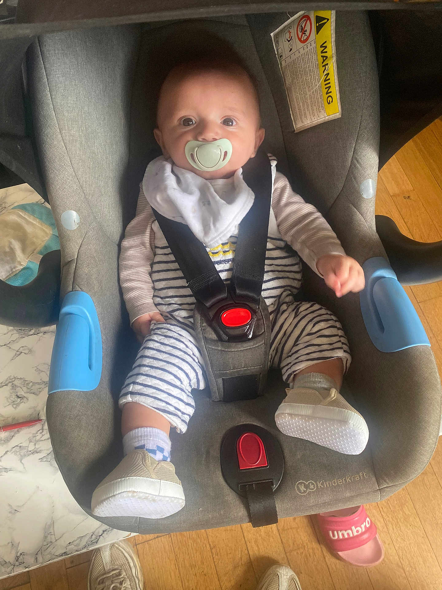 Hermanzo a rejoint le concours — aidez-le/la à gagner de superbes lots ! baby, blue, car_seat, child, curious, floor, footwear, gray, home, indoor, infant, pacifier, person, pink_sandal, safety_harness, seated, shoes, socks, striped_clothing, wooden_floor