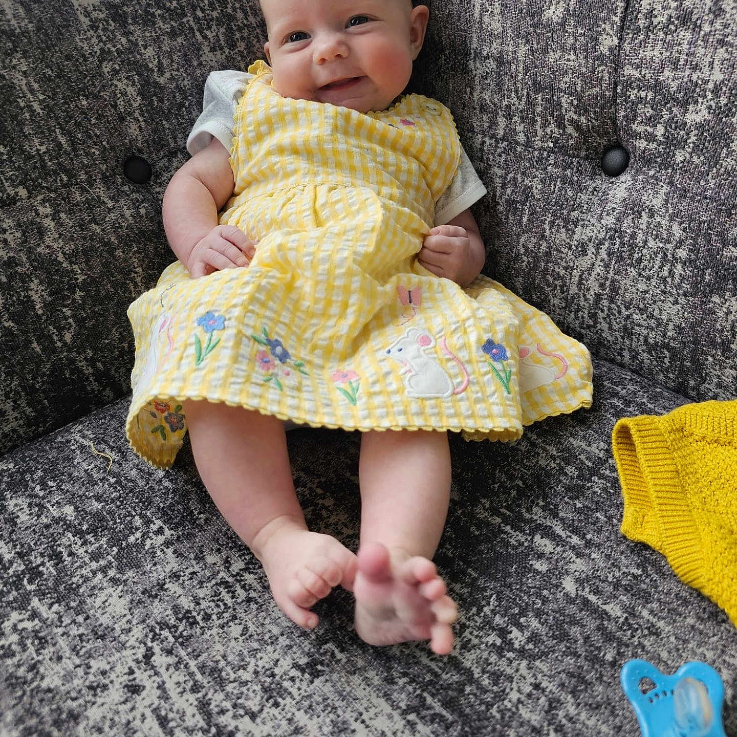 Alice joined the competition — help win amazing prizes! baby, blanket, clothing, couch, cushion, dress, face, footwear, furniture, head, homedecor, newborn, pants, person, photography, portrait, quilt, sandal, shoe, sitting