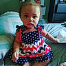 Karma joined the competition — help win amazing prizes! child, toddler, baby, dress, polka_dot, hair_accessories, bed, pillow, indoor, furniture, foot, person, curious, sitting, blue, red, white, pattern, cute, portrait