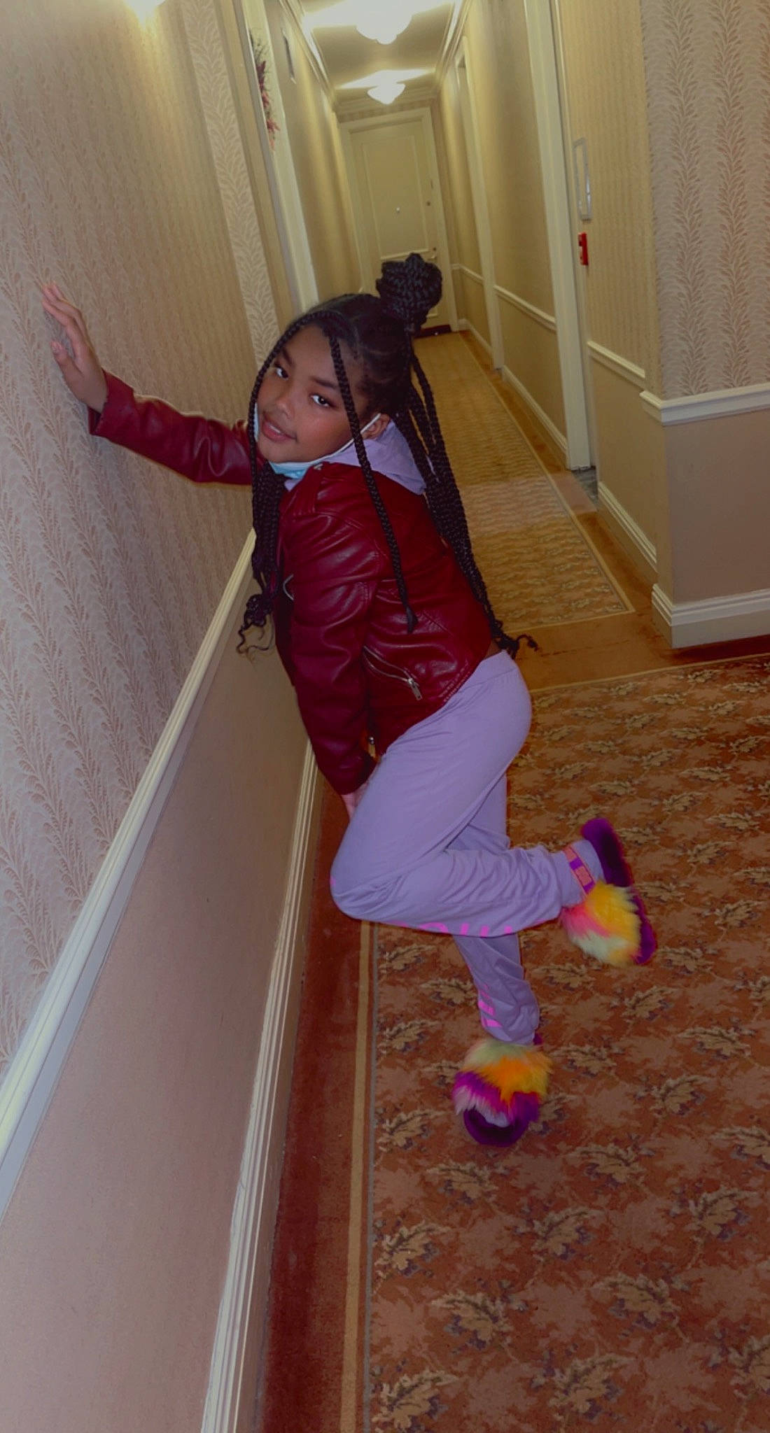 Aubrielle joined the competition — help win amazing prizes! active_pants, baby_toddler_clothing, comfort, door, floor, flooring, hardwood, human_leg, joy, knee, magenta, outdoor_shoe, person, shoe, sneakers, sock, sportswear, stairs, sweatpant, thigh