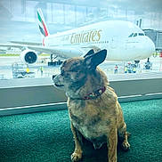 Capone participe au concours pour gagner de l'argent avec cette photo : dog, small_dog, pet, airport, airplane, emirates, window, carpet, indoor, terminal, travel, waiting, animal, canine, collar, bell, cloudy_sky, transportation, vehicle, luggage_cart