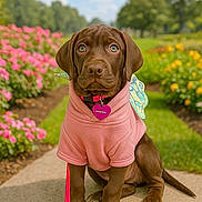Scarlett is registered to the contest to win money with this photo: puppy, dog, chocolate_labrador, pink_hoodie, butterfly_wings, leash, sidewalk, flower_bed, green_grass, trees, outdoor, sunny, cute, pet, animal, garden, nature, portrait, sitting, young