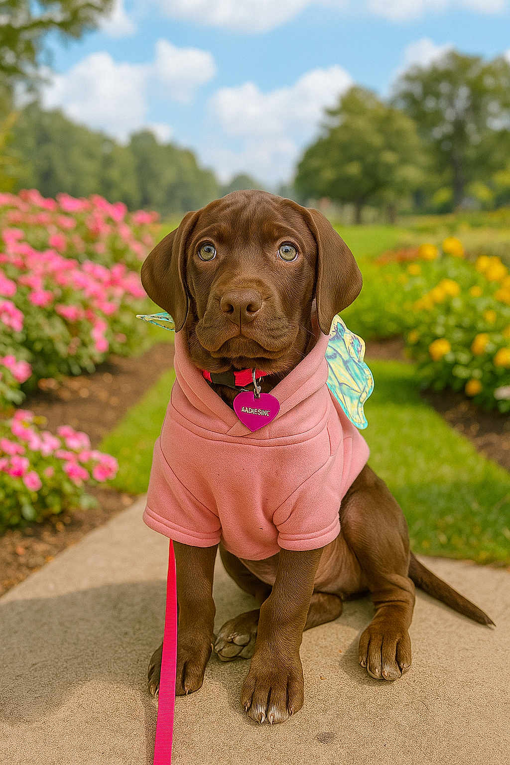 Scarlett is registered to the contest to win money with this photo: puppy, dog, chocolate_labrador, pink_hoodie, butterfly_wings, leash, sidewalk, flower_bed, green_grass, trees, outdoor, sunny, cute, pet, animal, garden, nature, portrait, sitting, young