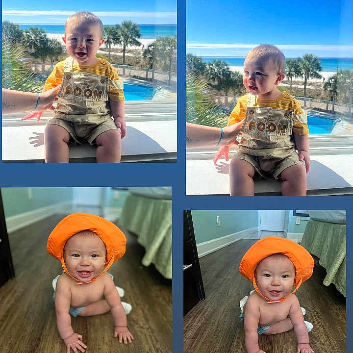 Oliver Isaiah is registered to the contest to win money with this photo: baby, beach, child, collage, crawling, flooring, hand, happy, indoor, orange_hat, outdoor, overalls, person, photography, pool, portrait, smiling, sunlight, toddler, window