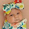 baby, blanket, bow, child, chubby_cheeks, closeup, colorful, cute, expression, face, fashion_accessory, floral, headband, indoors, infant, newborn, person, portrait, soft_lighting, wrapped