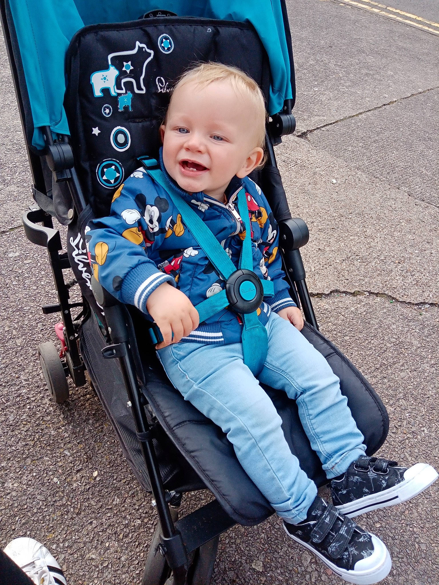 Harrison joined the competition — help win amazing prizes! auto_part, baby, baby_carriage, baby_products, baby_toddler_clothing, blue, child, comfort, electric_blue, eye, fun, leisure, person, personal_protective_equipment, photograph, sitting, smile, toddler, wheel