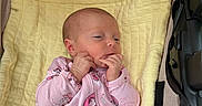 Eleanor joined the competition — help win amazing prizes! baby, infant, child, stroller, blanket, pink_clothing, yellow_blanket, sitting, lying_down, hands, fingers, face, portrait, indoors, cozy, harness, seatbelt, stroller_padding, calm, photography