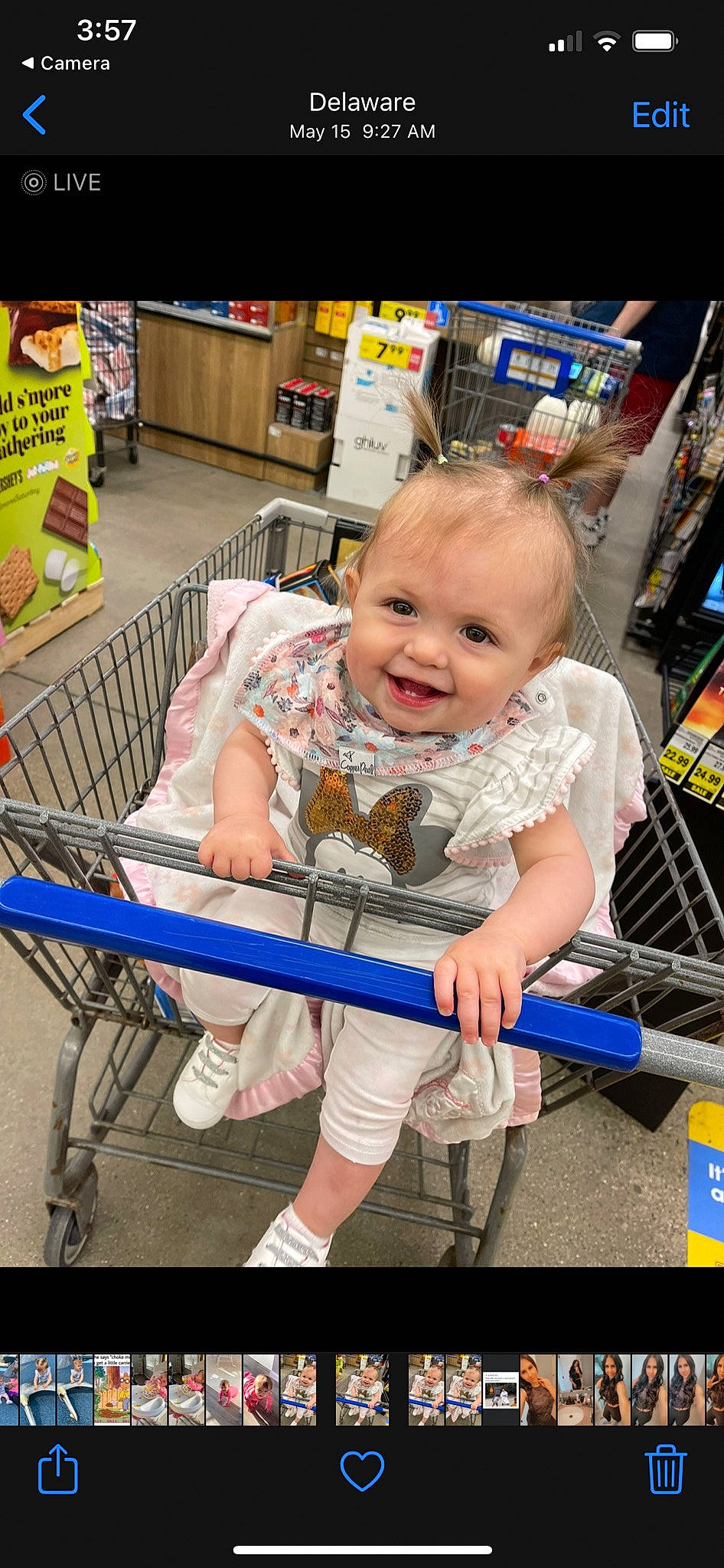 Brooklyn is registered to the contest to win money with this photo: baby, baby_toddler_clothing, cart, child, clothing, convenience_store, customer, fun, happy, leisure, person, product, public_space, retail, shelf, shopping, shopping_cart, skin, smile, tire