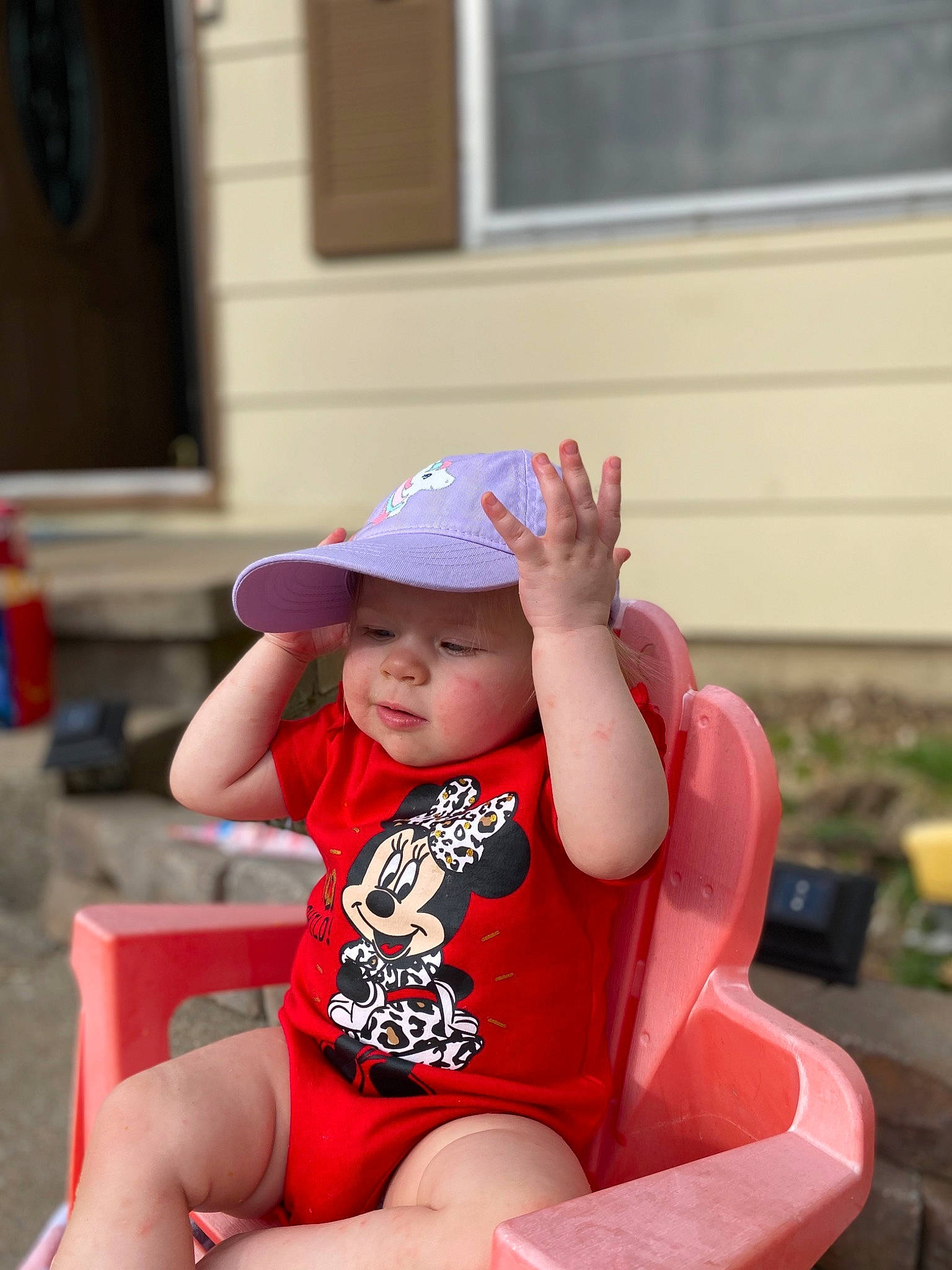 Addalyn joined the competition — help win amazing prizes! cap, child, fashion_accessory, finger, hand, hat, headgear, headwear, leg, leisure, person, pink, sitting, skin, summer, sun_hat, thigh, toddler, vacation
