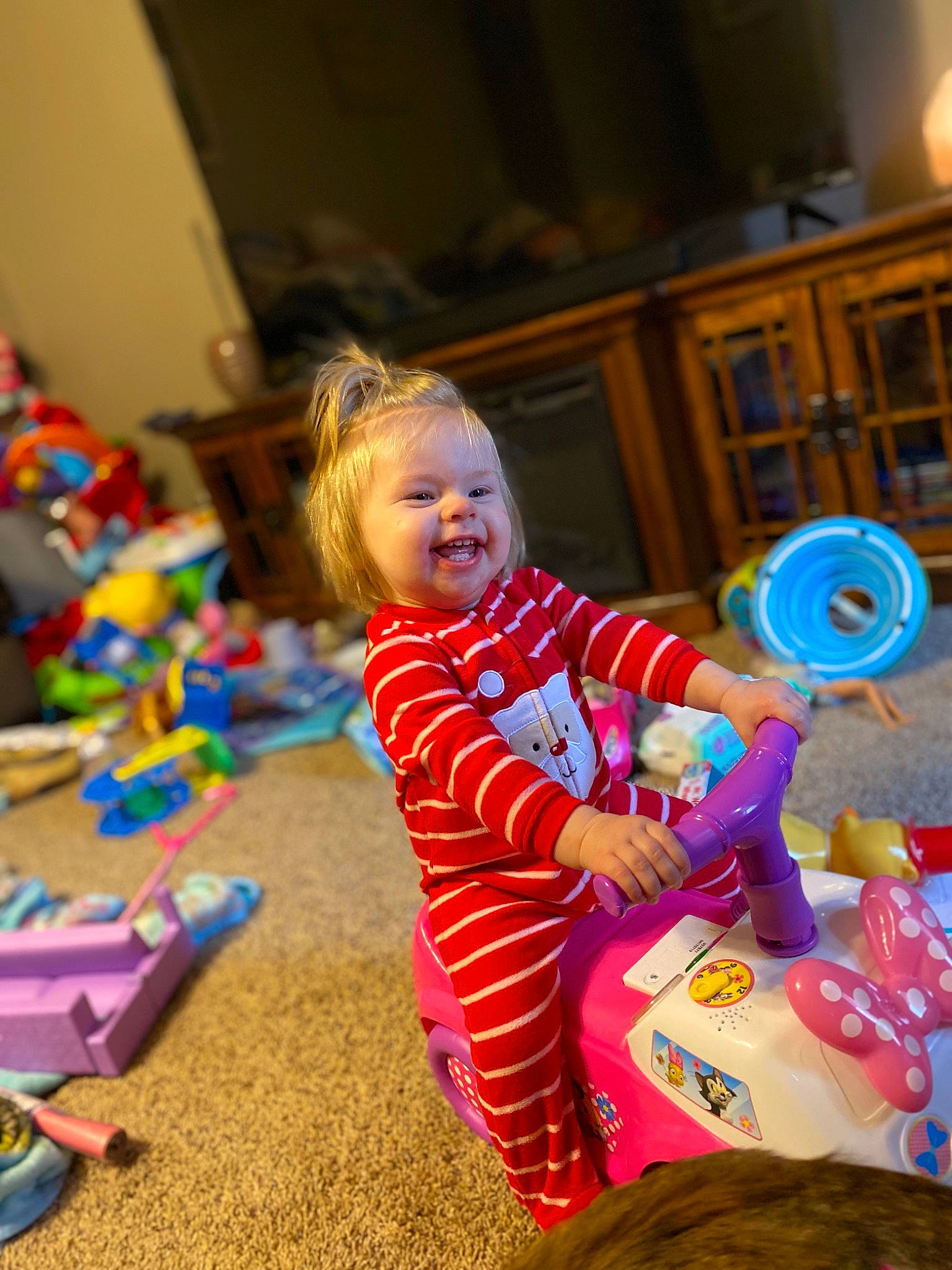 Addalyn joined the competition — help win amazing prizes! baby, child, christmas, fun, holiday, pajamas, party, person, pink, play, room, smile, toddler, toy