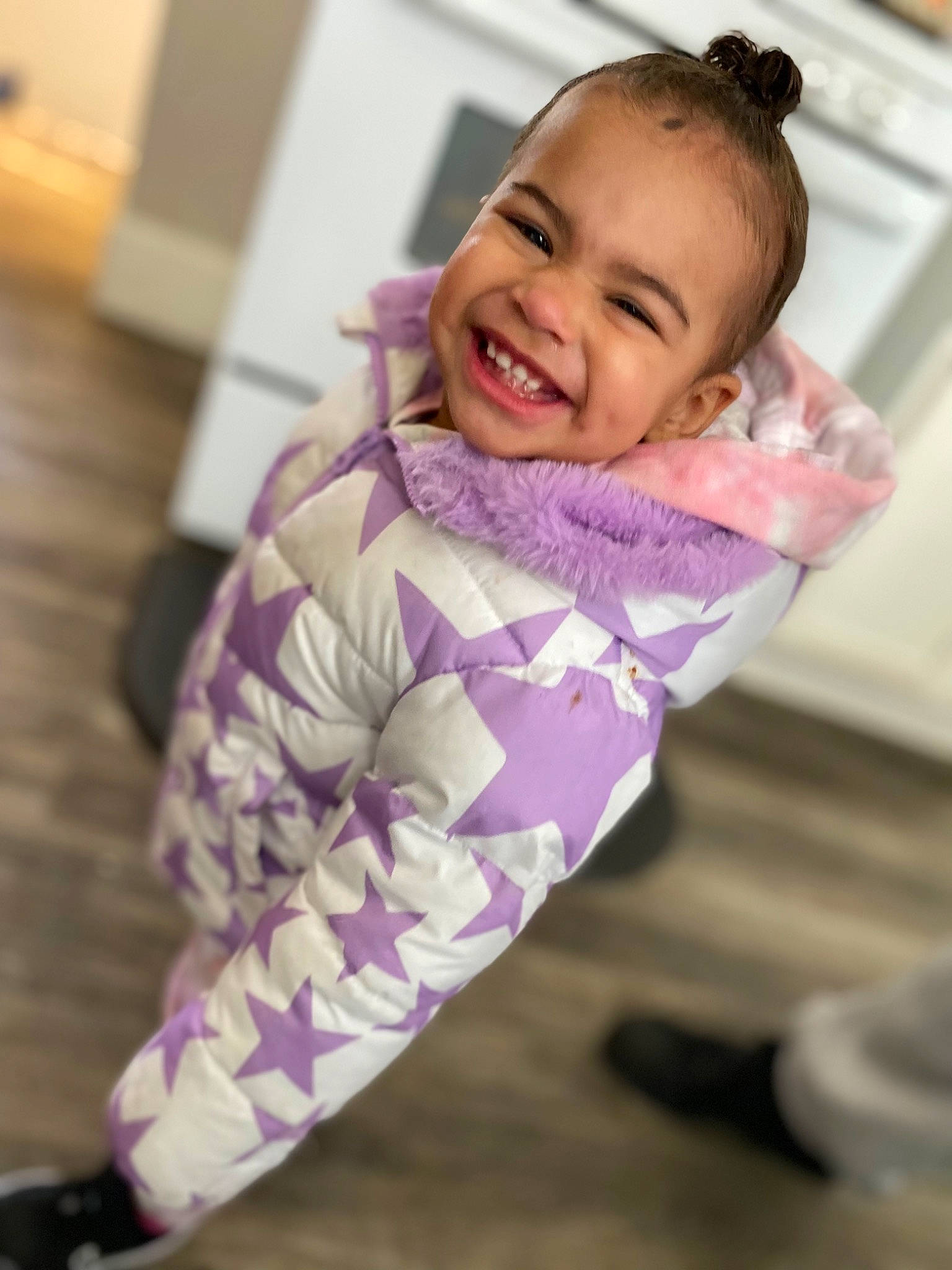 Giana joined the competition — help win amazing prizes! baby, baby_products, baby_toddler_clothing, child, comfort, dress, face, fashion_accessory, fun, glove, happy, joy, laugh, magenta, person, plant, purple, room, sitting, sleeve