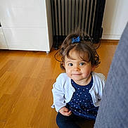 Clémence participe au concours pour gagner de l'argent avec cette photo : blue_bow, cabinet, child, couch, cozy, curly_hair, cute, face, happy, home, indoor, navy_dress, person, radiator, sitting, smiling, toddler, white_cardigan, wooden_floor, young_child