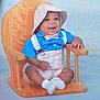 Joseph joined the competition — help win amazing prizes! baby, child, smiling, blue_shirt, plaid, hat, socks, rocking_chair, wooden_chair, happy, baby_clothes, infant, cute, portrait, seated, indoors, person, small_chair, funny_hat, toddler