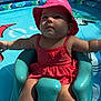 baby, child, pool, swimsuit, pink_hat, blue_seat, water, outdoor, sunlight, summer, shark_pattern, inflatable_pool, cute, sitting, infant, sunhat, toddler, playtime, fun, warm_weather