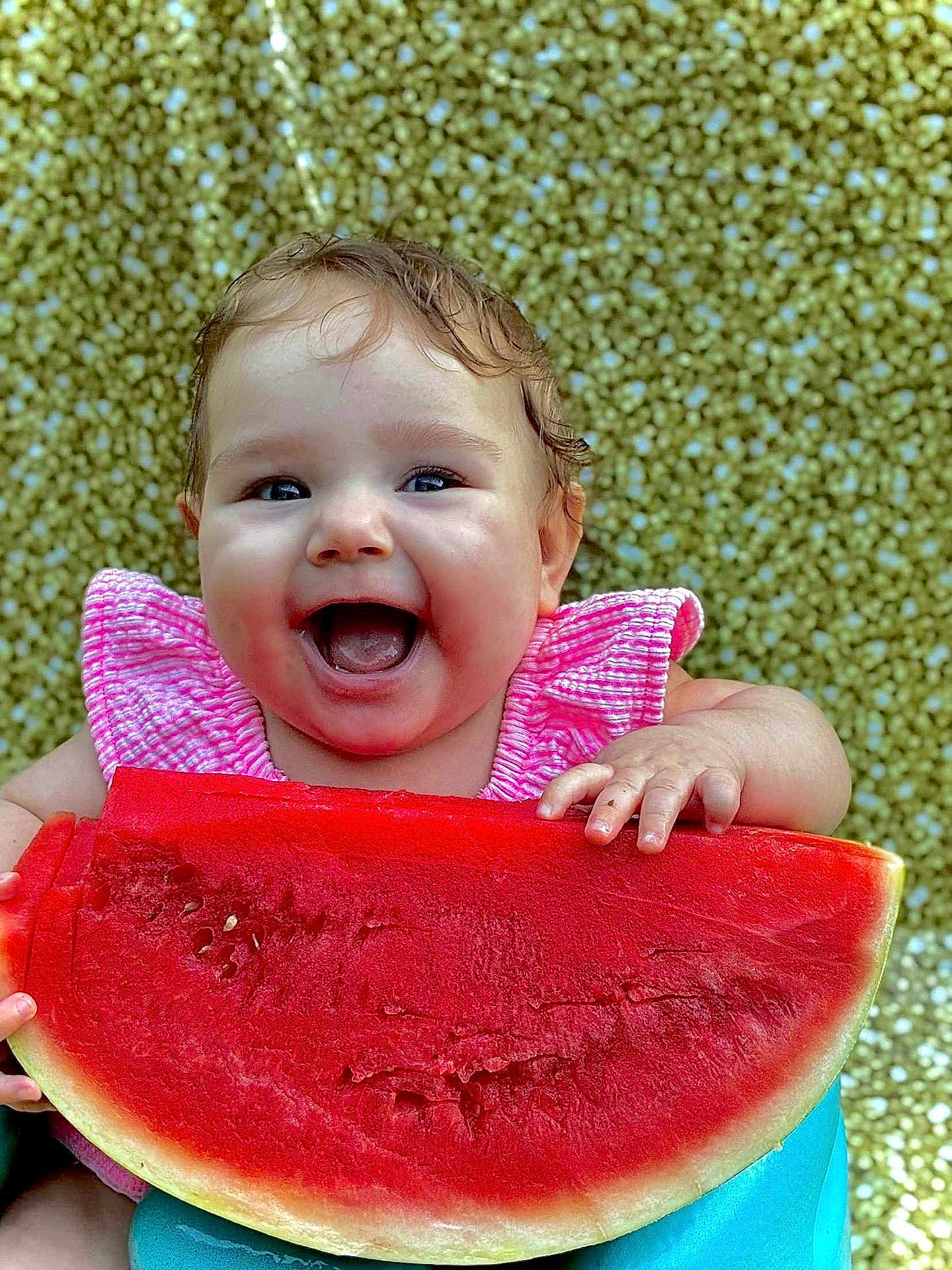 Tilly joined the competition — help win amazing prizes! baby, child, watermelon, fruit, smile, happy, summer, pink_clothing, food, fresh, cute, portrait, closeup, hands, background, colorful, outdoor, refreshing, cheerful, skin