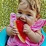 Tilly is registered to the contest to win money with this photo: baby, child, watermelon, fruit, pink_clothing, blue_seat, cute, summer, outdoor, eating, food, cheeks, hands, face, person, seat, closeup, healthy, happy, infant