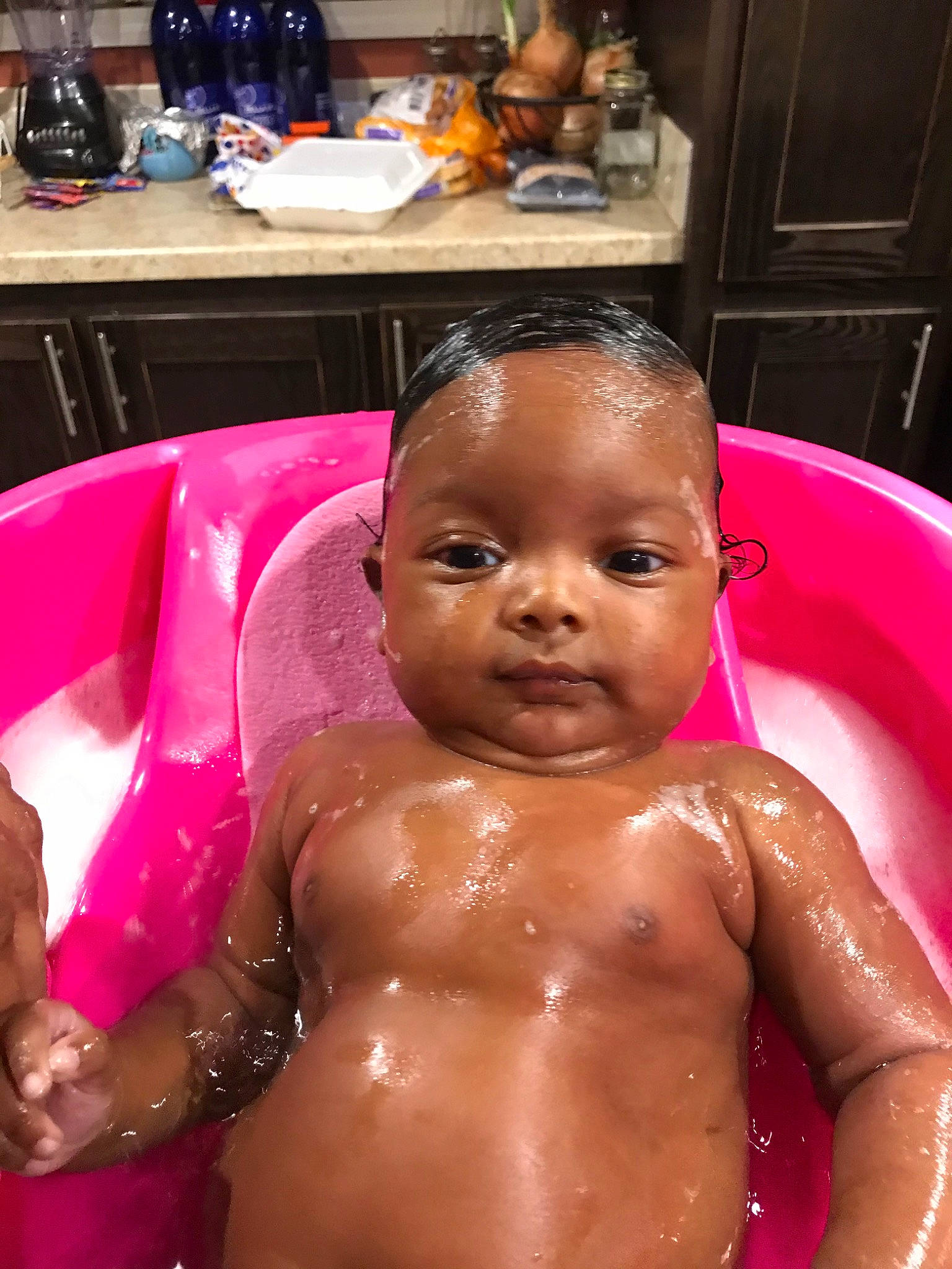 Harmoni is registered to the contest to win money with this photo: baby, baby_bathing, bathing, bathtub, cheek, child, face, fun, person, pink, skin, smile, toddler, washing, water