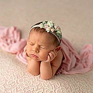 Sophie joined the competition — help win amazing prizes! newborn, baby, sleeping, headband, flower, pink_wrap, lace_blanket, peaceful, portrait, infant, soft_focus, cute, child, resting, hands_under_chin, close_up, delicate, adorable, studio_photo, calm