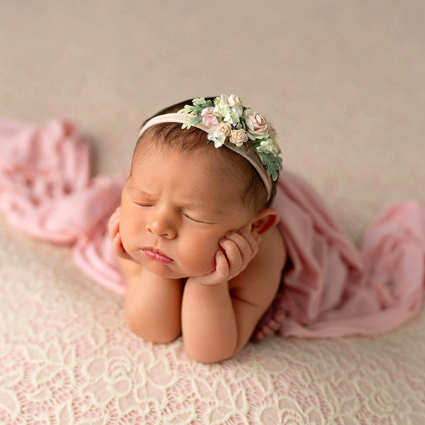 Sophie joined the competition — help win amazing prizes! adorable, baby, calm, child, close_up, cute, delicate, flower, hands_under_chin, headband, infant, lace_blanket, newborn, peaceful, pink_wrap, portrait, resting, sleeping, soft_focus, studio_photo