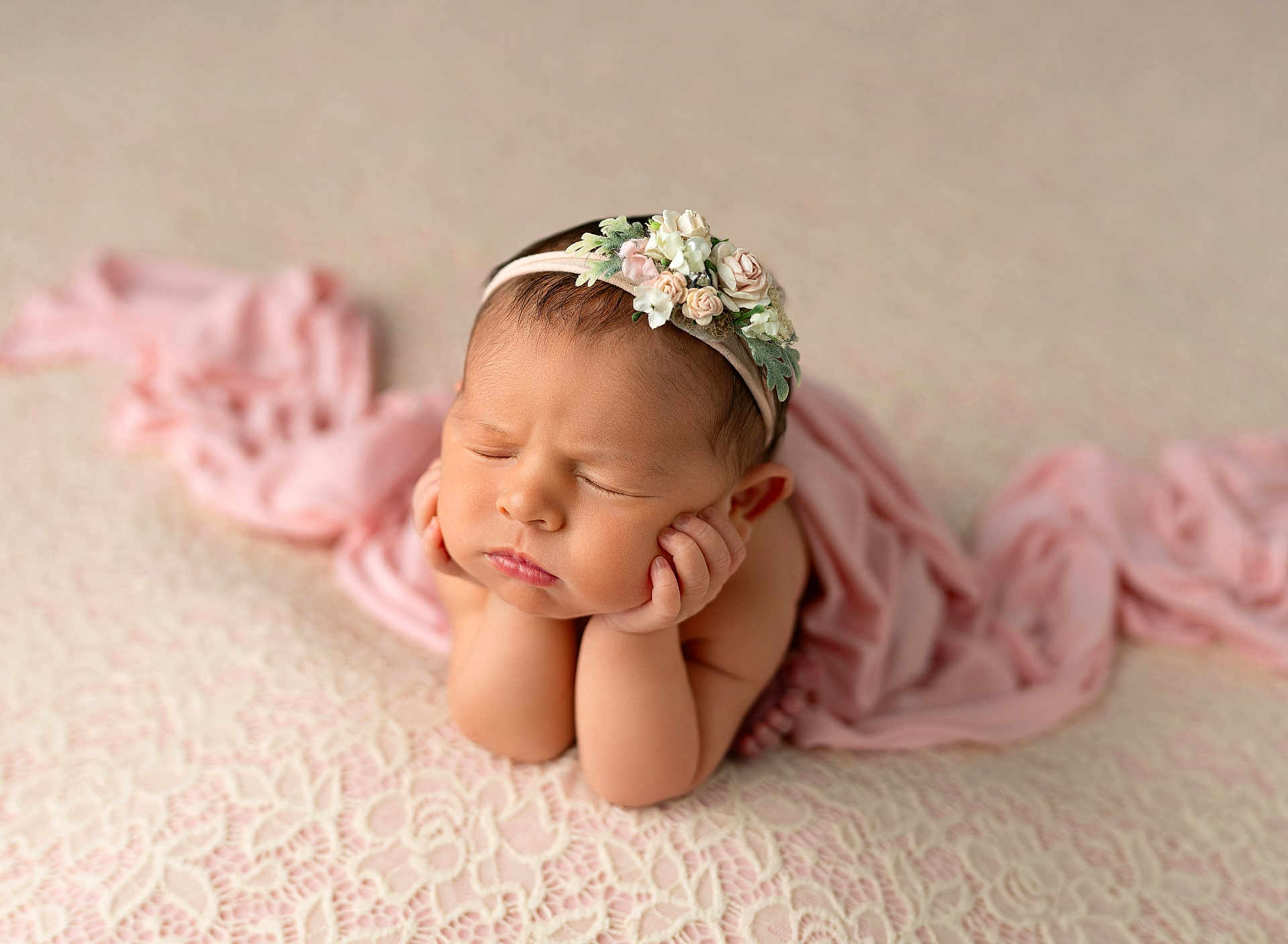 Sophie joined the competition — help win amazing prizes! newborn, baby, sleeping, headband, flower, pink_wrap, lace_blanket, peaceful, portrait, infant, soft_focus, cute, child, resting, hands_under_chin, close_up, delicate, adorable, studio_photo, calm