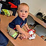 toddler, child, toy, plush, firefighter_clothing, shorts, shirt, table, chair, indoor, curious, person, cute, baby, caucasian, floor, carpet, backpack, stuffed_animal, play