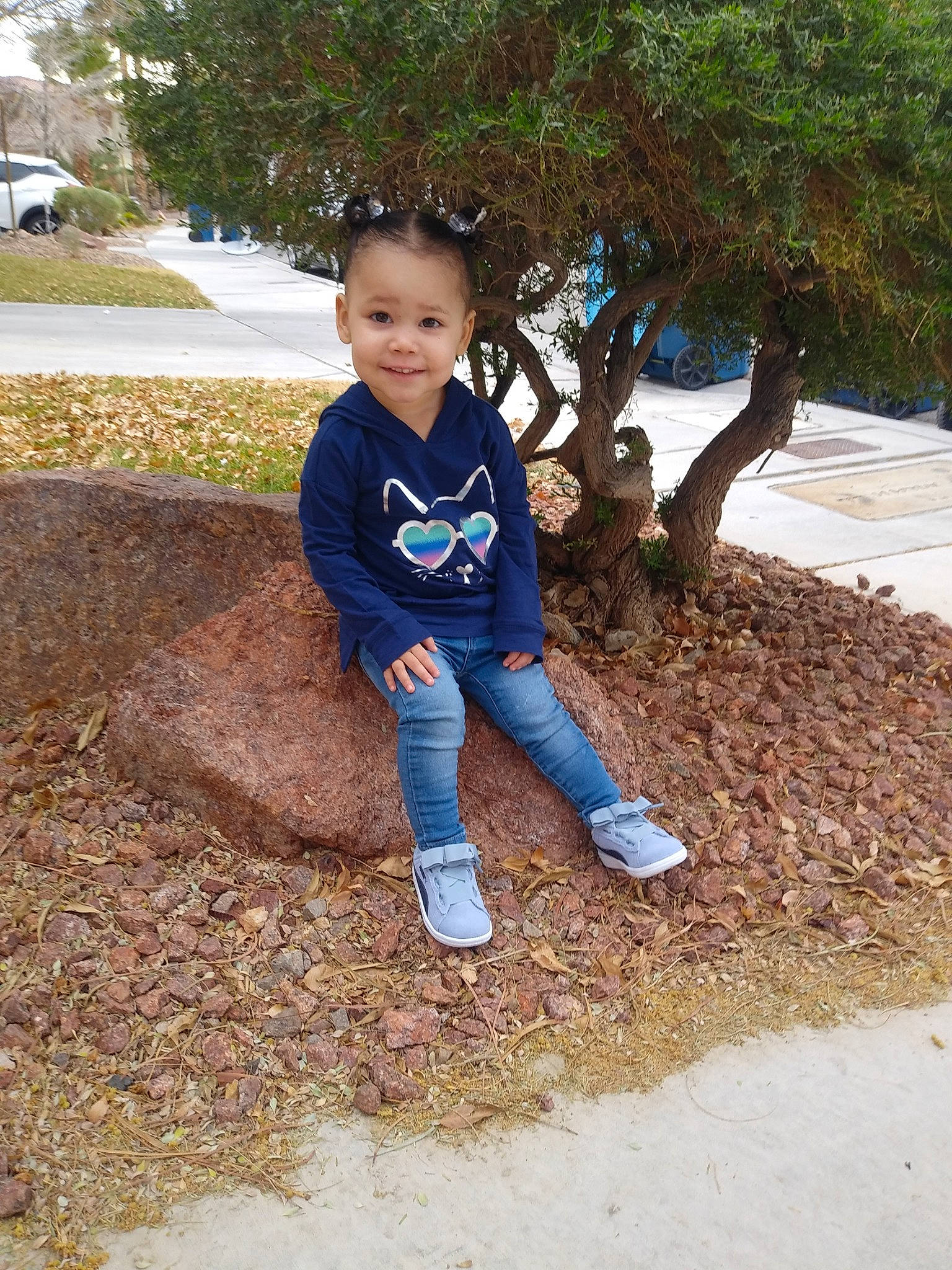 Destini joined the competition — help win amazing prizes! child, fun, girl, grass, jeans, joy, person, plant, play, recreation, toddler, tree, vacation, winter