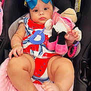 Helena joined the competition — help win amazing prizes! baby, child, car_seat, blue_bow, plush_toy, minnie_mouse, red_outfit, pink_blanket, barefoot, cute, infant, toy, chubby_legs, bracelet, headwear, indoors, person, sitting, clothing, accessory