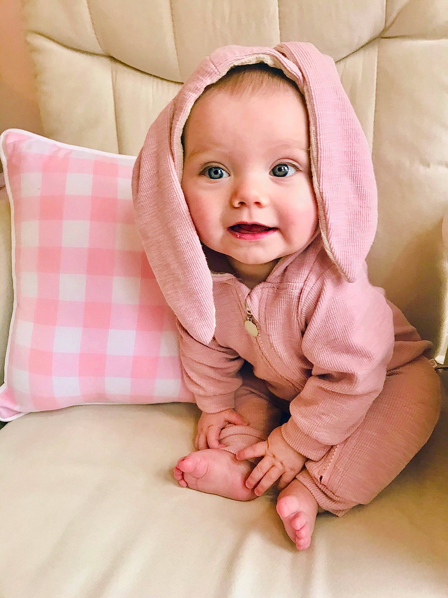 Elle joined the competition — help win amazing prizes! baby, baby_products, baby_sleeping, bedding, beige, cheek, child, child_model, comfort, ear, face, head, linens, outerwear, person, pink, sitting, skin, textile, toddler