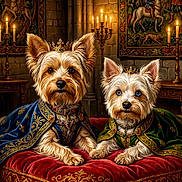 Sky. An Bear joined the competition — help win amazing prizes! dogs, puppies, yorkshire_terrier, small_dogs, royal, crowns, robes, costumes, velvet, throne, portrait, indoor, castle, medieval, candles, tapestries, ornate, decorative, sitting, pets