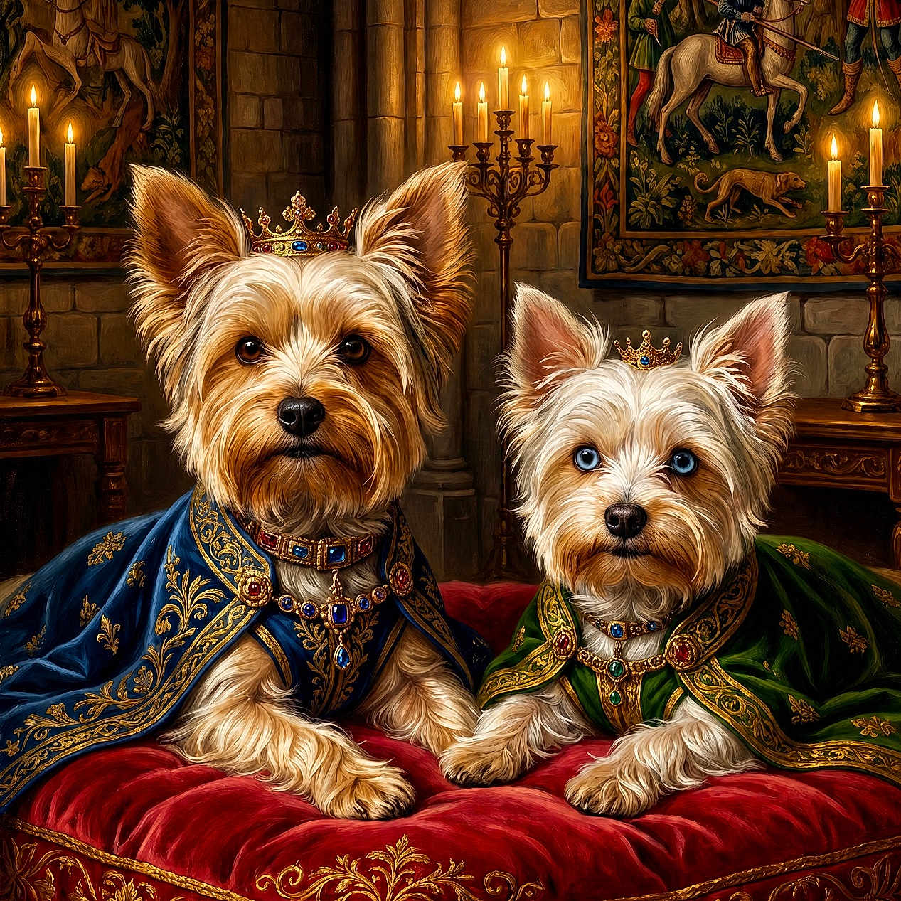 Sky. An Bear joined the competition — help win amazing prizes! dogs, puppies, yorkshire_terrier, small_dogs, royal, crowns, robes, costumes, velvet, throne, portrait, indoor, castle, medieval, candles, tapestries, ornate, decorative, sitting, pets