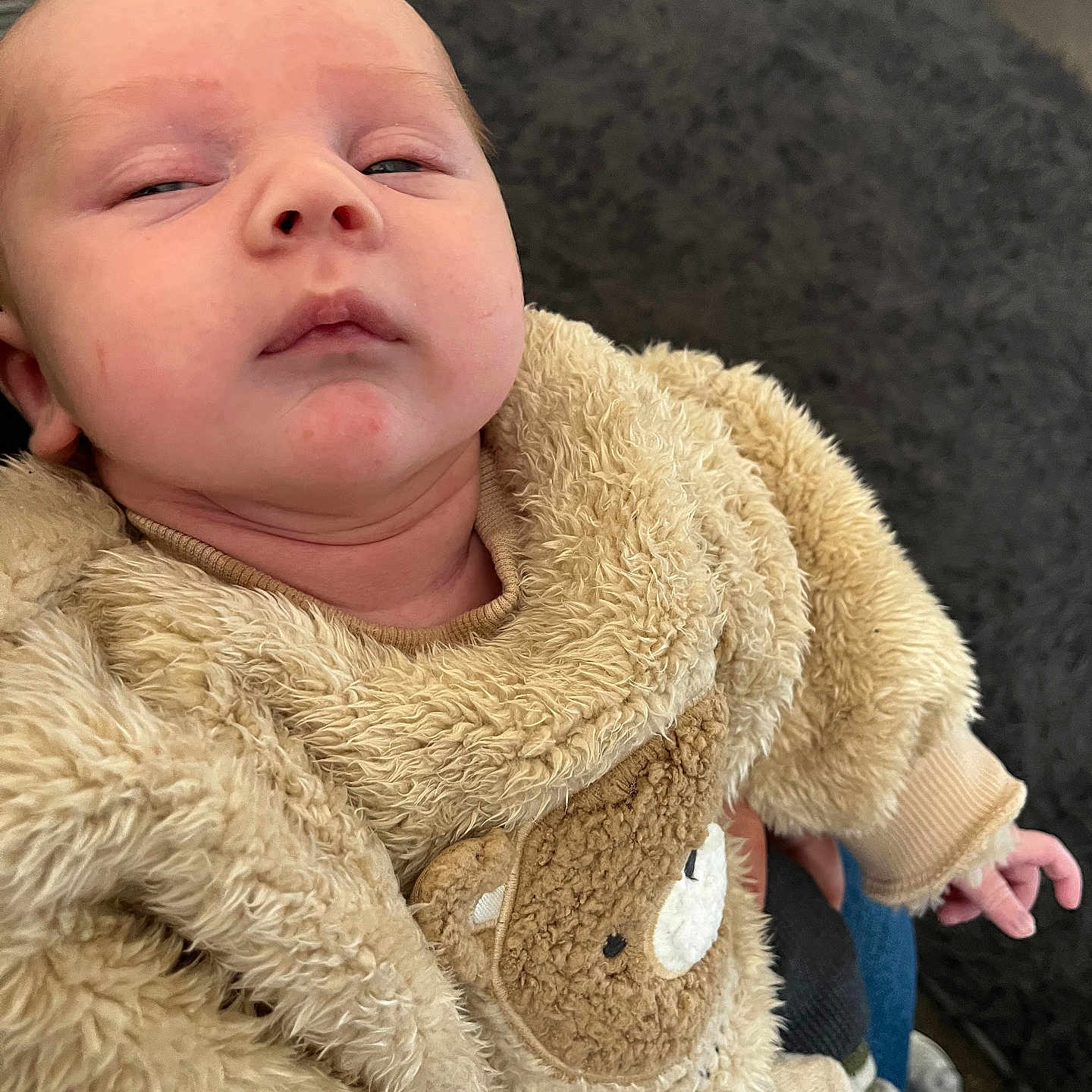 Tommy joined the competition — help win amazing prizes! apparel, baby, bear_design, carpet, casual, child, closeup, cozy, cute, fuzzy_clothing, hand, human, indoor, infant, person, portrait, sleepy, soft_texture, toddler, young